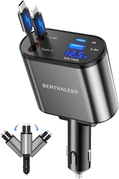 BERTHALESS Retractable Car Charger, 4 in 1 Fast Charging Car Charger with USB-C & USB-A