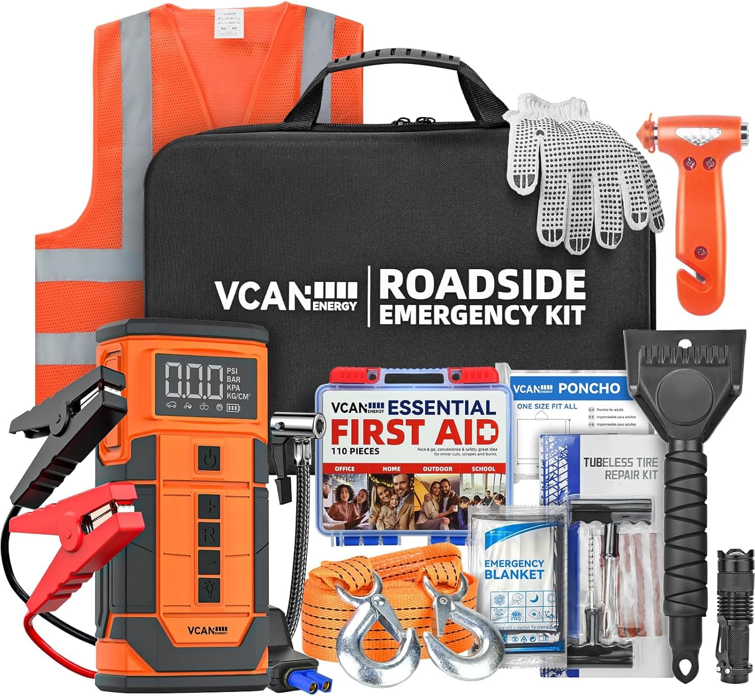 Jump Starter with Air Compressor, VCANENERGY Roadside Emergency Car Kit