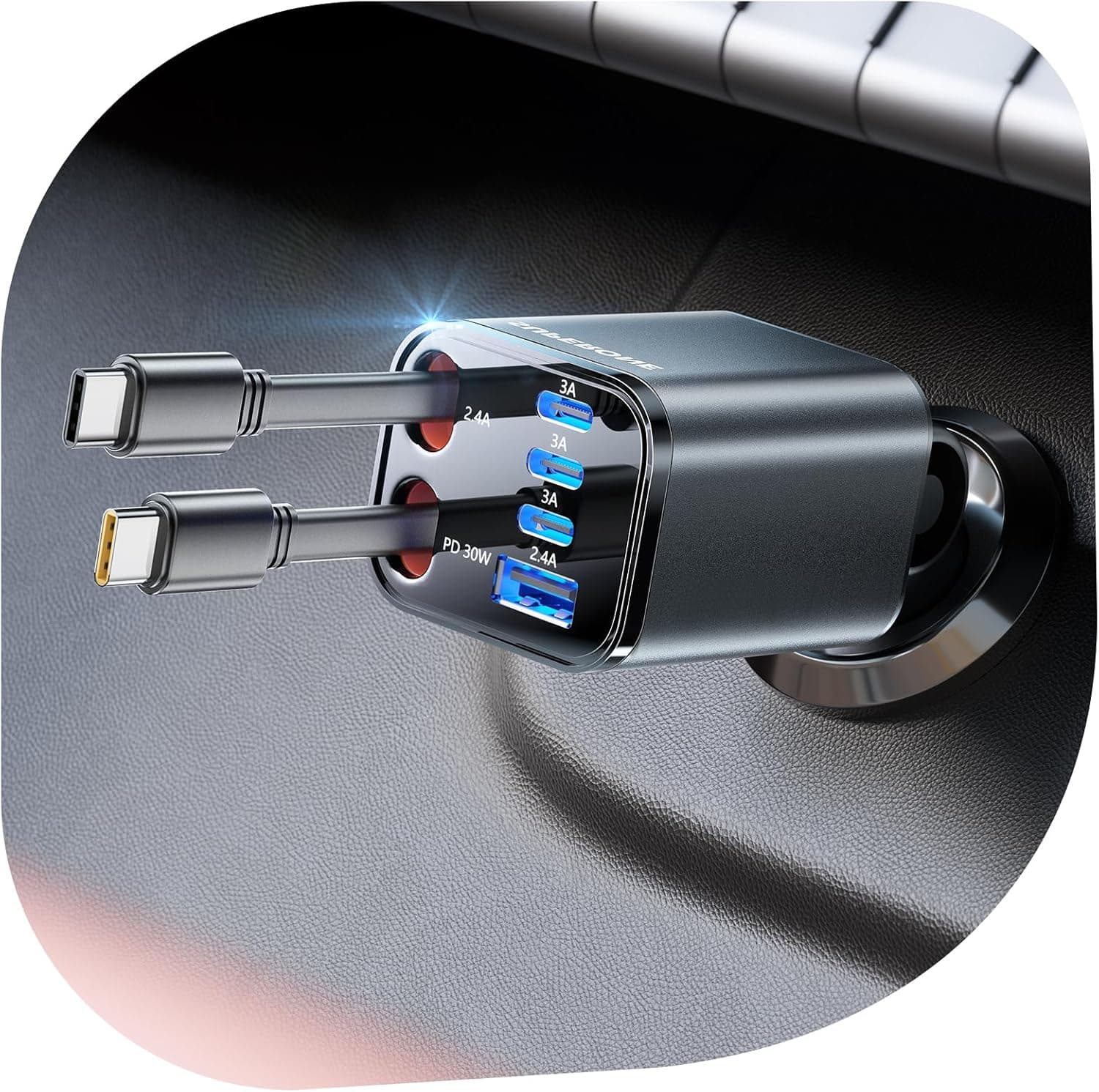 SUPERONE 6 in 1 Retractable Car Charger with Dual Type C Cables