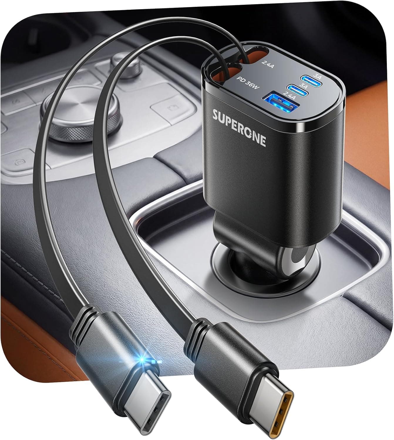 SUPERONE 90W Retractable Car Charger with Dual Type C Cables, Car Adapter USB C Fast Charger