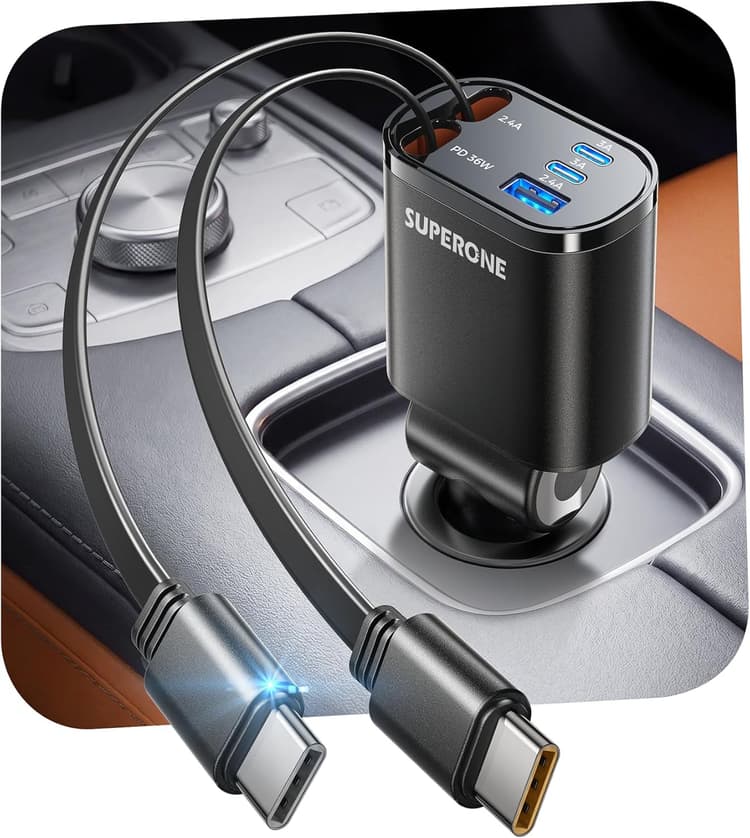 SUPERONE 90W Retractable Car Charger with Dual Type C Cables, Car Adapter USB C Fast Charger